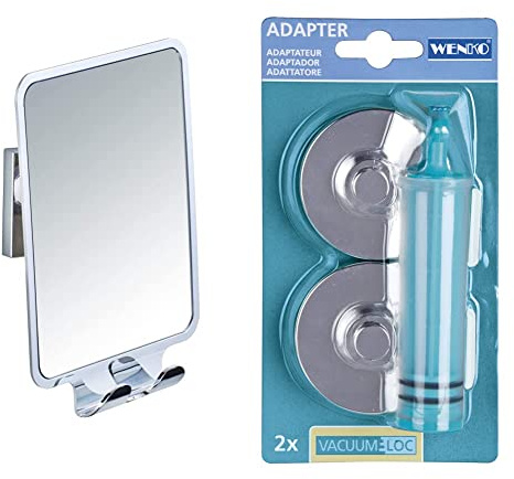 WENKO Vacuum-Loc Antibeschlagspiegel Quadro, beschlagfreier Duschspiegel, Rasierspiegel & Vacuum-Loc Adapter Premium/Classic/Style, Befestigen ohne Bohren