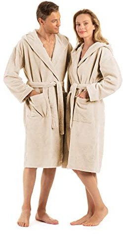 English Home Bademantel Damen Flauschig, Bademantel Herren mit Kapuze aus Baumwolle, Frottee Saunamantel, Unisex, Sauna Mantel Damen mit lang Gürtel