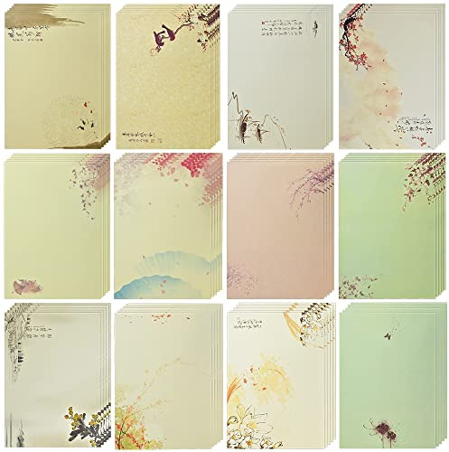 CODIRATO 96 Blatt Vintage Briefpapier Blumen Schreibpapier Motivpapier Retro Druckerpapier Antikes Blumen Briefpapier Chinesischer Stil Schreibpapier für Schreiben Bedrucken, 12 Muster