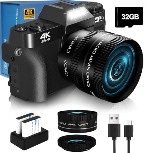 NIKICAM Cámara digital 4K 56MP para fotografía, cámara de vlogging para YouTube con pantalla abatible de 180°, WiFi, zoom digital de 16X, lente de 52 mm, 2 baterías, tarjeta micro SD de 32 GB (negro)