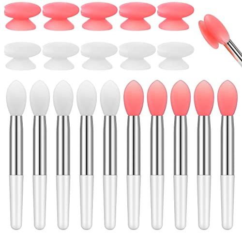 Newtay 20 Pcs Silicone Lip Brush Covers and Brushes for Reusable Lip Mask Eyeshadow Balm and Other Cream Makeup Products(Pink, White)