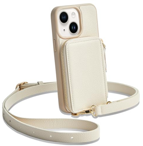 CUSTYPE Für iPhone 13 Hülle, Handyhülle mit Geldbörse, Leder Hülle mit Kartenfach und Band, Für iPhone 13 Hülle Beige 6,1”