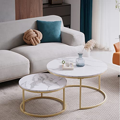 EGOONM 2er Set Satztische Fürs Wohnzimmer, Kaffeetische,Wohnzimmertische - Wohnzimmertisch Rund, MDF (Weiß + Gold), 60 * 60 * 45 cm (groß) + 40 * 40 * 35 cm(klein)