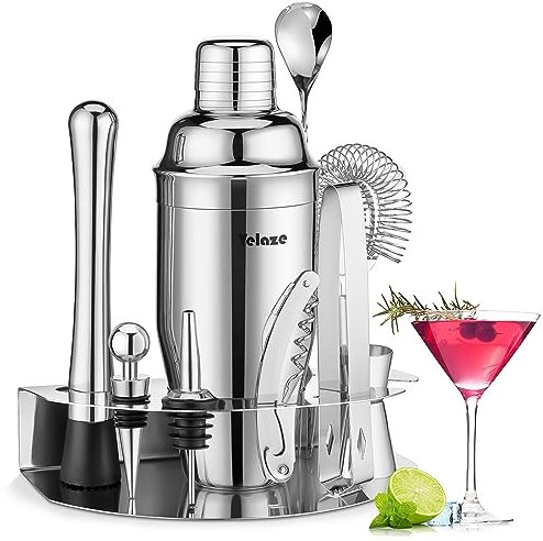 Velaze Cocktail Shaker Set 850 ml, 10-teilig, Edelstahl Cocktail Set zum Mischen von alkoholischen Getränken, Barkeeper Set mit Edelstahl Ständer, Coktailmixset mit Bar Zubehör für Zuhause Bar