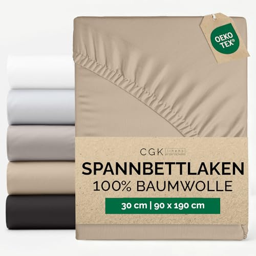 Spannbettlaken 90x190 - Baumwolle Mako Satin 30cm (12) tief - Creme
