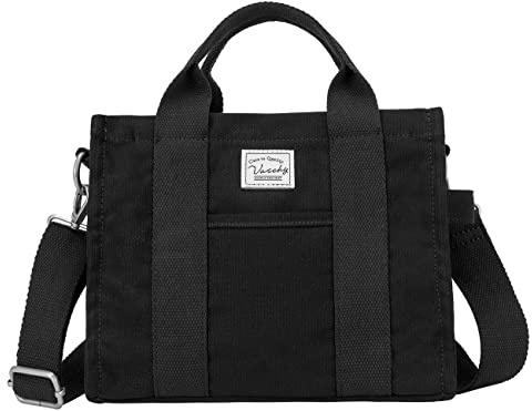 VASCHY Bolso Bandolera Mujer de Lona 5,5 L con Cremallera, 26,5 x 21 x 10 cm, Tote Pequeño de Mano para Diario y Ciudad, Negro