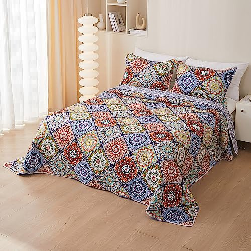 Chickwin Luxuriös Tagesdecke Baumwolle Vintage Bettüberwurf Doppelbett Leichte Dünne Steppdecke für Sommer Gesteppte Set mit 2 Kissenbezüge, Bett Überwurfdecke Wendedesign (220x240cm,Mandala)