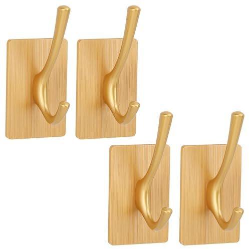 Segus Bambus Handtuchhalter, Haken Selbstklebend, 4 Stück Wandhaken Holz, Klebehaken Extra Stark, Handtuchhalter Holz für Schlafzimmer Wohnzimmer Flure, Klebehaken Gold