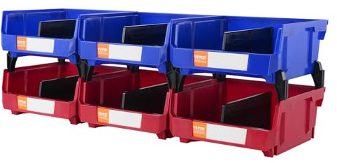 VEVOR Contenedor de Pernos 6 Cajas de Almacenamiento Apilables para Taller 276 x 279 x 128 mm Combinación Azul/Roja Contenedor de Herramientas para Armario, Cocina, Oficina, Despensa, Estante, Pared
