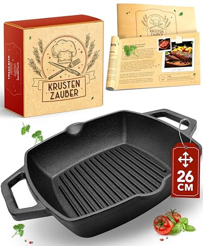 KRUSTENZAUBER 26cm Grillpfanne Induktion Doppelgriff - Geriffelte Gusseisenpfanne Induktion - Ideale Gusseisen Pfanne, Eisenpfanne, Cast Iron Pan, Bratpfanne, Gusseiserne Pfanne Skillet Gusspfanne