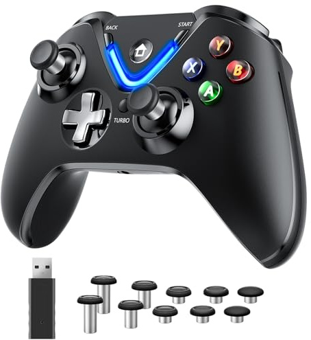 RALAN Black Wireless Controller with Paddles for Windows PC, 2.4G Wireless Adapter with 3.5mm Headphone Jack, ALPS Joystick, Hall Effect Sensing trigger, Rechargeable Battery