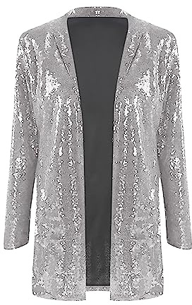 Lazzboy Pailletten Blazer Damen Glitzer Jacke Kostüm Elegant Cardigan Langarm Party Club Pailletten-Blazer Tailliert Anzugjacke Tops Kurz Oberteile Outfits Streetwear (Silber,XXL)