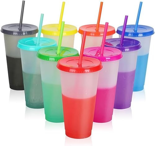 MEETOZ Reusable Plastic Cups with Straws & Lids, 10Pcs 24oz
