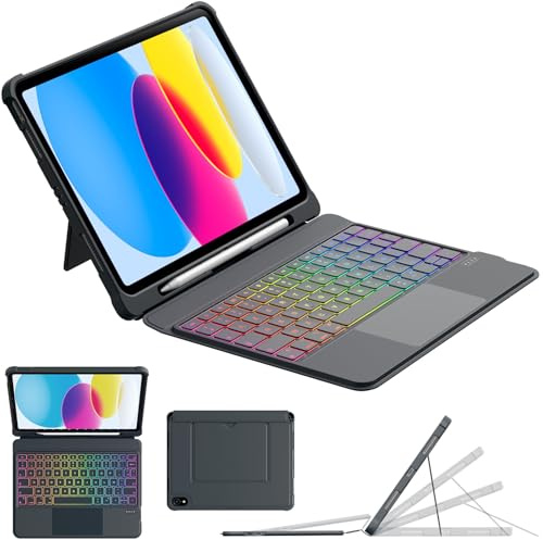 Nuflaz Clavier pour iPad 10 EME Génération (2022) & iPad 11 Pouces (A16 2025), Étui Clavier AZERTY avec Trackpad Multi-Touch, Fixation Magnétique, Utilisation Horizontale/Verticale, RGB 7 Couleurs