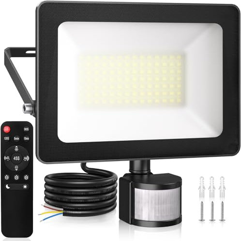 CLV 80W Motion Sensor Outdoor Security Light, 7865LM Remote LED Floodlights with PIR Sensor, IP66 Motion Sensor Floodlight, Button & Remote 6500K PIR Light 3 Modes for Backyard Garden Garage Yard
