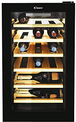 Candy DiVino CWC 021 ELSP/NF Cantinetta Vino, 21 Bottiglie, App hOn con Tecnologia Vivino, Ripiani in Legno, Monozona, 39 dB, Classe G, 40x55x70 cm, Nero [Classe di efficienza energetica G]