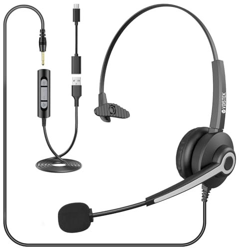 Voistek Casque Micro USB/3,5 mm/Type-C avec Micro Anti-Bruit - pour Centre d'Appels, Bureau, Skype, Zoom, Teams - Casque à Une Oreille avec Micro Réglable