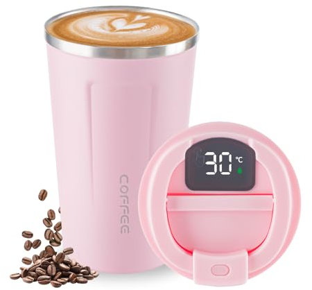 Newvenper Tazza termica sottovuoto in acciaio inox, con indicatore di temperatura a LED, a prova di perdite, con coperchio, mantiene freddo e caldo, adatto per caffè, tè e birra (rosa)