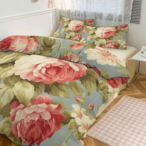 Madcolitote French Romantic Roses Aqua Pink Cabbage Roses Bedding Duvet Cover 90x90 Soft Fibre Duvet Cover Set 3 Pieces Zipper Closure Cover with Pillow Shams All Season