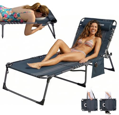 KingCamp Sonnenliege Klappbar mit Loch für Kopf & Arme, bis 180 kg, Blau | Gartenliege Klappbar mit Einklemmschutz, 5-Position-Verstellbare, Kopfstütze & Seitentasche, Liegestuhl für Garten Camping