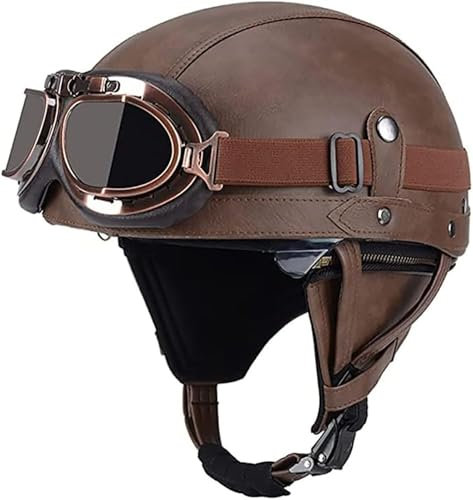 Retro Motorradhelm, Lederhelm Jethelme Leder-Helm Vintage Mopedhelm Mit Brille Motorradkreuzer-Rollerhelm Motorrad Helme Für Herren Halbschalenhelm Mit Ece 3,S=55-56cm
