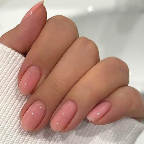 24 Stück Press on Nails Kurz Oval, Pfirsich Pink Falsche Nägel Full Cover Kunstnägel mit Nagelkleber Aufkleber, Einfarbig Almond Künstliche Nägel, Acryl Fingernägel zum Aufkleben für Frauen