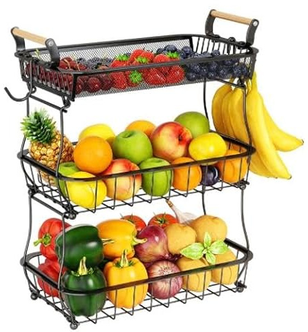 VIIROUD Panier à fruits à 3 niveaux avec 2 cintres pour bananes, panier en maille métallique, support de fruits pour oignons, collations et légumes, 37*22*55,5 cm - Noir