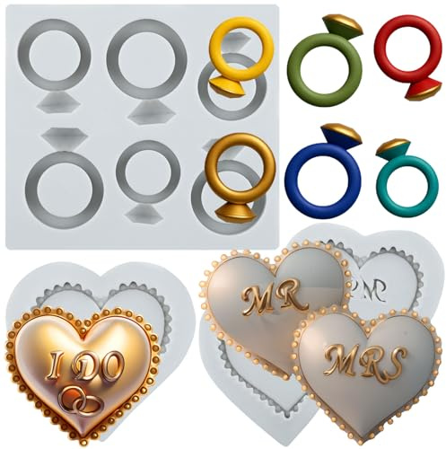 Sijiangmold Diamond Ring Silicone Moulds Love Heart Fondant Mould Set of 3 | MR MRS I DO Slogan Wedding Cake Decoration Chocolate Cupcake Topper Candy Polymer Clay Gum Paste