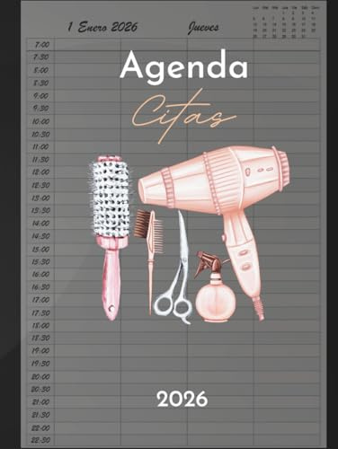 Agenda Peluquería 2026: Libro de Citas para Peluqueria con Fecha y por Horas, Dia por Pagina 4 Empleados | Intervalo de 30 Minutos de 7:00 a 22:30 (4 Columnas) y Calendario de Mes Corriente A4