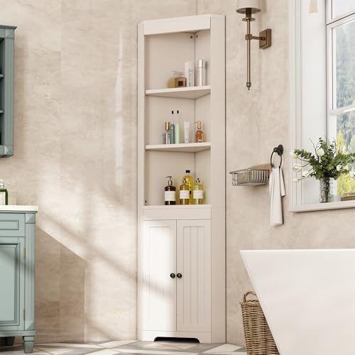 SogesHome Badezimmerschrank hoch mit offenen Regalfächern und Tür, platzsparender Eckschrank aus MDF, Feuchtigkeitsgeschützt, Einlegeböden höhenverstellbar, Weiß, Modernes Design (Weiß)
