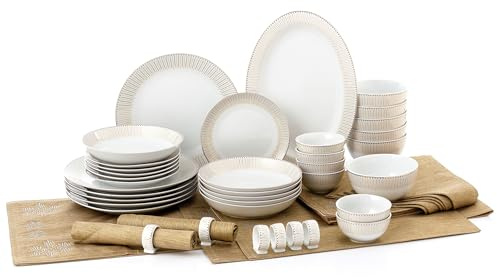 Waterside 50pc Gold Radiance Porcelain Dinner Set; 6 Dinner Plates, Side Plates, Soup Bowls, Deep Bowls, Snack Bowls, Napkin Rings, 1 Platter and 13pc Tablecloth Set