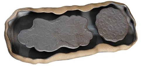 DEARMAMY Plateau à Thé Kung Fu en Céramique Système de Drainage, Petit Format pour 2 Personnes, Motif Lotus Décoratif, Service à Thé Traditionnel Japonerie pour Cérémonie et Dégustation