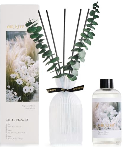 Airkeep Raumduft mit Duftstäbchen 200ml – White Flower – Reed Diffuser mit 6 Stäbchen & dekorativer Glasflasche für Bad, Schlafzimmer & Wohnzimmer