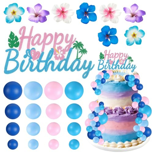 Décoration Gâteau Hawaï 33 Pièces, Cake Topper Tropical avec Boules et Fleurs Bleues et Roses, Décoration Anniversaire Thème Hawaïen, Fête Tropicale, Party Cake Décor (A)