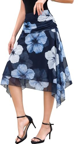 Genfien Gonna Donna Vita Alta Midi in Tulle Trasparente a Strati con Fodera Orlo Asimmetrico Lunghezza al Ginocchio Elegante a Forma A Estate