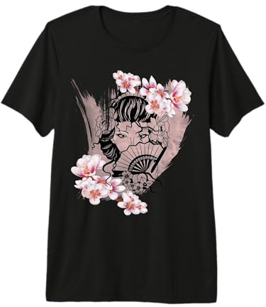 Geisha Giapponese con Fiori di ciliegio Giappone Lovers Regalo Kawaii Maglietta Premium