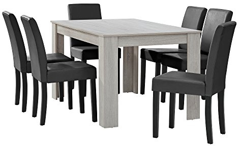[en.casa] Esstisch Eiche weiß mit 6 Stühlen dunkelgrau Kunstleder gepolstert 140x90 Essgruppe Esszimmer