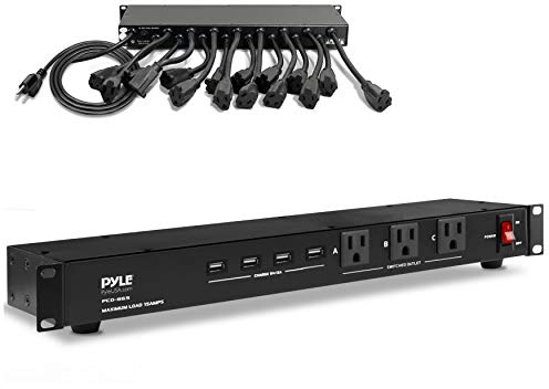 Pyle 19 Outlet 1U 19 Rackmount PDU Power Distribution Supply Center Conditioner Strip Unit Surge Protector 15 Amp Circuit Breaker 4 USB Multi Device Charge Ports 15FT Cord (PCO865) Black