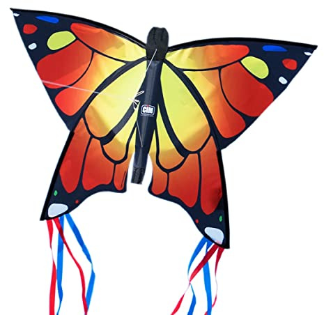CIM Cometa de Mariposa - Butterfly Orange- Cometa de una Sola línea para niños Mayores de 3 años - 58 x 40 cm - Incl. 20 m Hilo de Cometa - con Tiras de 195 cm en la Cola de Arco