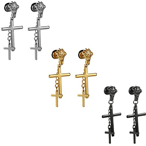 Flongo Damen Ohrringe Edelstahl Creolon Gummi fake tunnel Schraube Stecker mit Kreuz Kruzifix Kette Anhänger Ohrstecker Ohrhänger hängend Gotik Punk für Frauen Männer Herren schwarz silber gold Set