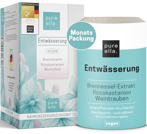 Pure Ella ENTWÄSSERUNG Kapseln - 60 Brennesselkapseln, Vegan - Komplex hochdosiert (976mg), mit Brennnessel, Magnesium, Rosskastanien, Weinreben - Natur, ohne chemisch starke Entwässerungstabletten