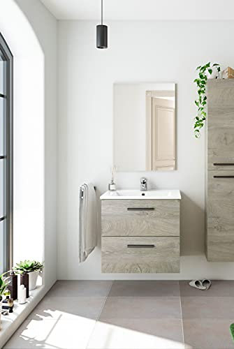 Dmora Mobile Bagno Due cassetti e Uno Specchio per lavabo da appoggio, Colore, cm 60 x 57 x 45 cm, Rovere, sospeso, 60x57x45