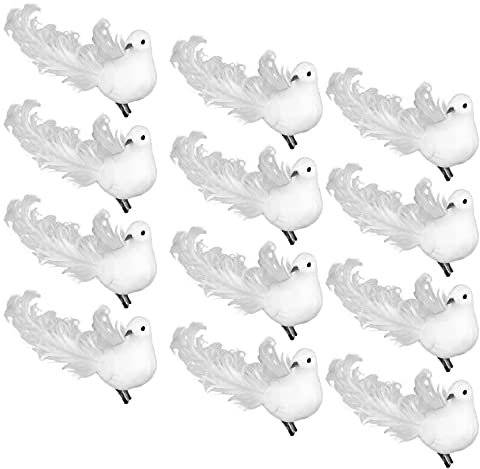 QYLJZB Künstliche Schaumstoff-Vögel, weiße Taube, Weihnachtsdekoration, weiße gefiederte Mini-Vögel mit Metallclip, für Bastelarbeiten, Zuhause, Garten, Hochzeit, Weihnachtsbaum, Dekoration, 12 Stück