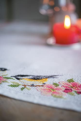 Vervaco Stickpackung Tischdecke Zählmusterpackung Kreuzstich 2 Kohlmeisen in Blumen Stickdecken zum Selbersticken Stickset Weihnachten Kreativ Set für Erwachsene 80 x 80 cm Kreatives Geschenk