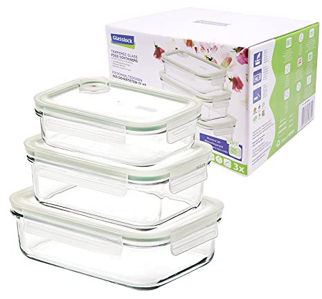 Glasslock AIR GL-640A - 3 recipientes herméticos de cristal templado con válvula de cierre de clip, aptos para microondas y lavavajillas, congelador, sin BPA, para alimentos