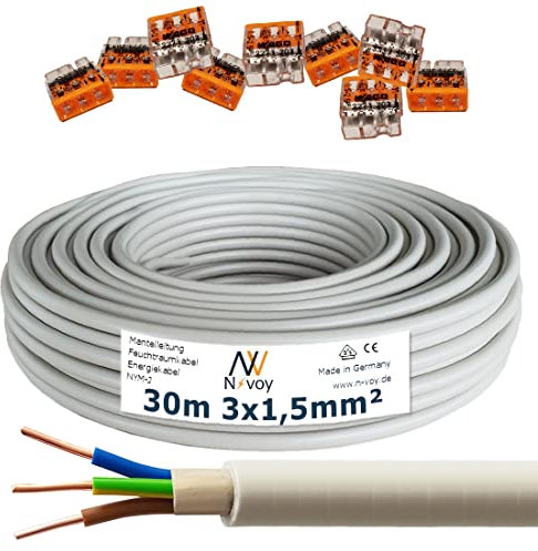 NYM-J 3x1,5 mm² 30m Mantelleitung Installationskabel mit 9 Stück WAGO Klemmen M85