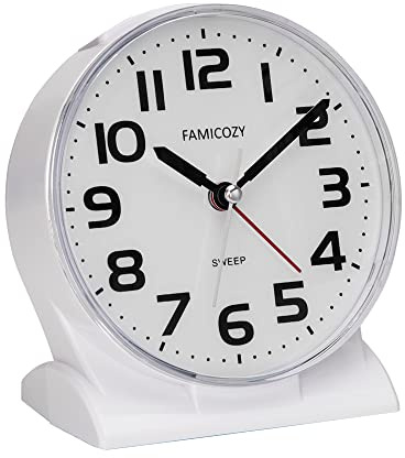 FAMICOZY 4.5 No Ticking Analog Alarm Clock,Silent Readable for Seniors,Easy to Set,Gradual Rise Alarm,Big Numbers,On/Off Switch on Side,Gentle Wake,Snooze Soft Backlight,Battery Operated,White