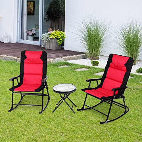 GIANTEX Gungstolsset, hopfällbart, balkongmöbler set 3 delar med 1 soffbord och 2 gungstolar, bistro-set, trädgårdsliggstol utomhus, balkong set 2 personer för balkong, trädgård (röd)