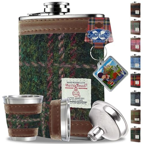 Flasque Harris Tweed enveloppée de 170.1 g avec 2 verres à shot – Acier inoxydable – Flasque pour liqueur pour homme – Joli cadeau pour whisky, rhum, mariage, camping – Coffret cadeau dans une boîte