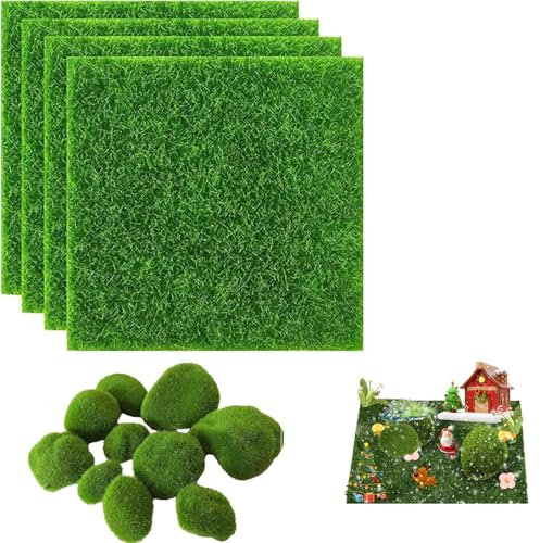 Kunstrasen Miniaturgarten,Miniatur Garten Deko,Künstliche Moos Miniatur,Kunstrasen Miniatur Moos,mit 10 Künstliche Moos Steine,für Miniatur Ornament Mini Garten Puppenhaus Terrarien Basteln,4 Stück